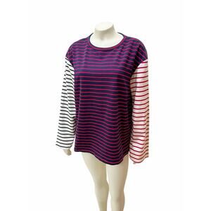 English Factory Colorblock Stripe Long Sleeve Cotton Top in Navy Multi Large